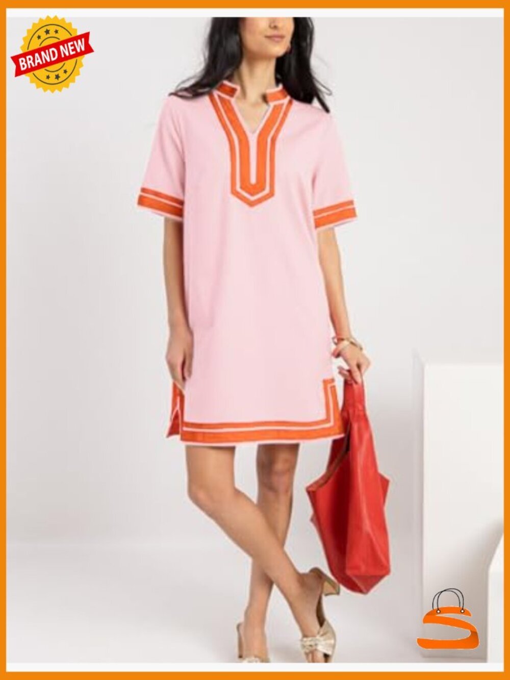 Linen Color Block Shift Dress with Pockets Swimsuit Coverup V-Neck Short Sleeve - Picture 2 of 6